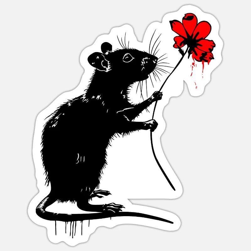 Rat avec fleur - Sticker taille S (10 x 10 cm) - blanc mat