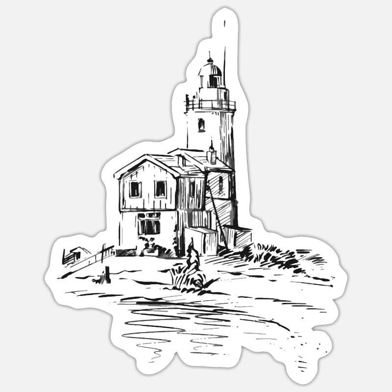 Sketch phare sur la côte de la plage - Sticker taille S (10 x 10 cm) - blanc mat