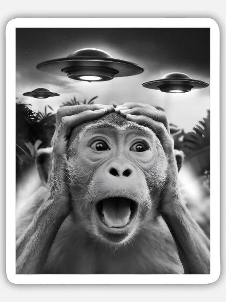 Lustige Affengrafik UFO Seltsam - Sticker Größe S (10 x 10 cm) - Mattweiß