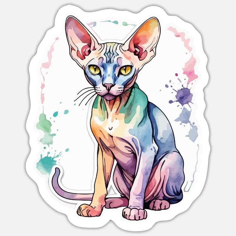 Sphynx Chat Aquarelles - Sticker taille S (10 x 10 cm) - blanc mat