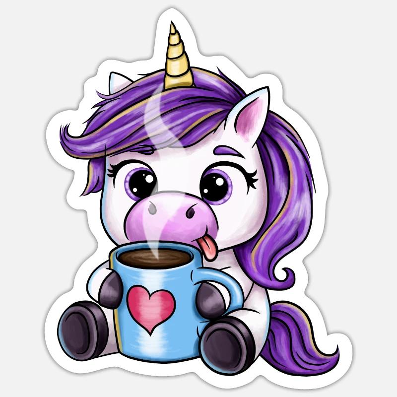 Süßes Einhorn mit Kaffeetasse Sticker Größe S (10 x 10 cm)
