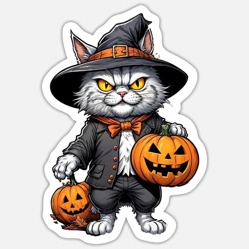 Chat d’Halloween avec citrouille - Sticker taille S (10 x 10 cm) - blanc mat
