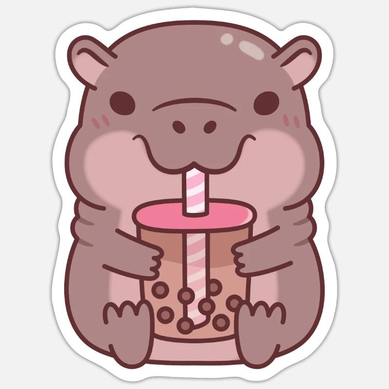 Cute Hippo Drinking Bubble Tea Sticker size S (10 x 10 cm)