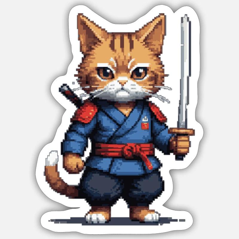 Samurai-Katze Pixelkunst - Sticker Größe S (10 x 10 cm) - Mattweiß