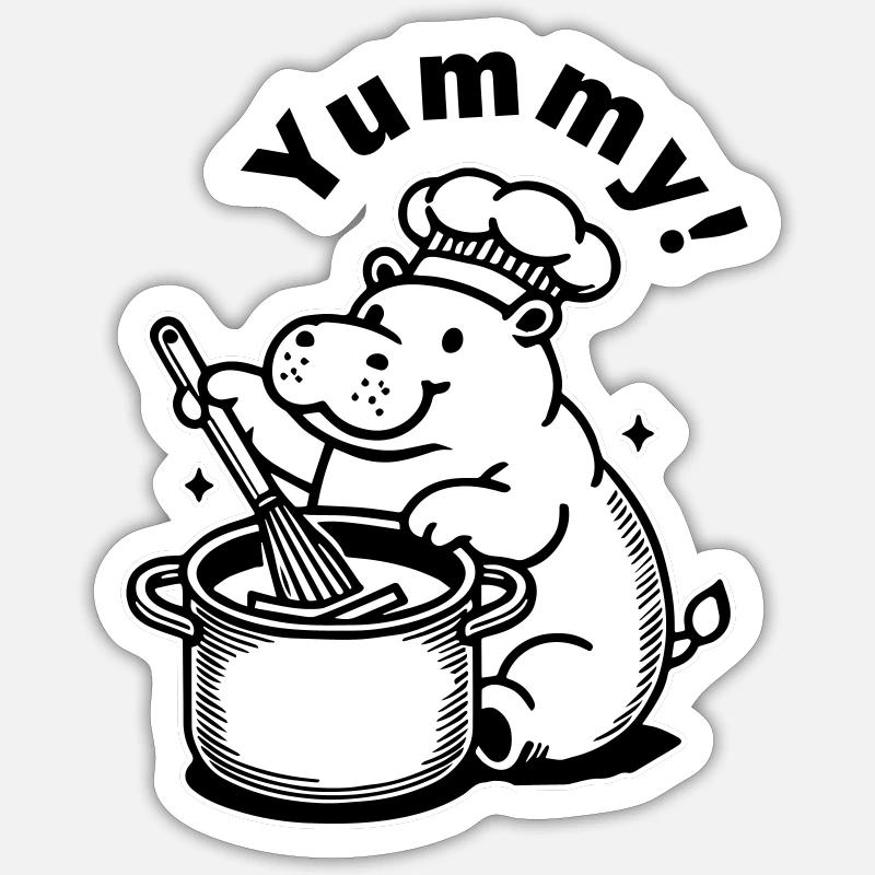 Süßes Nilpferd beim Kochen - "Lecker!" Entwurf Sticker Größe S (10 x 10 cm)