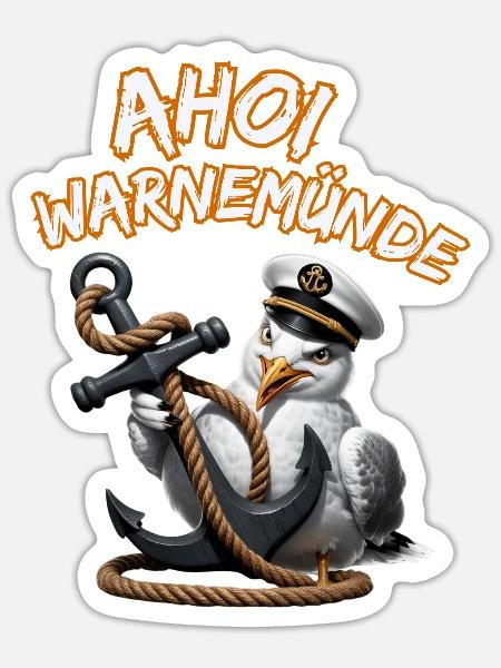 Ahoi Warnemünde ! Lustige Möwe mit Anker - Sticker Größe S (10 x 10 cm) - Mattweiß