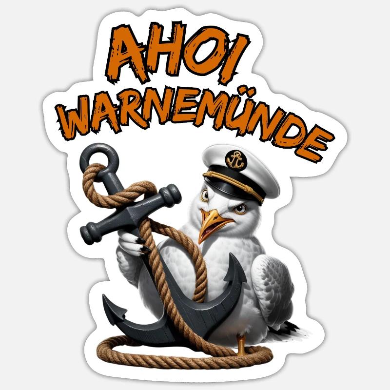 Ahoi Warnemünde ! Lustige Möwe mit Anker - Sticker Größe S (10 x 10 cm) - Mattweiß