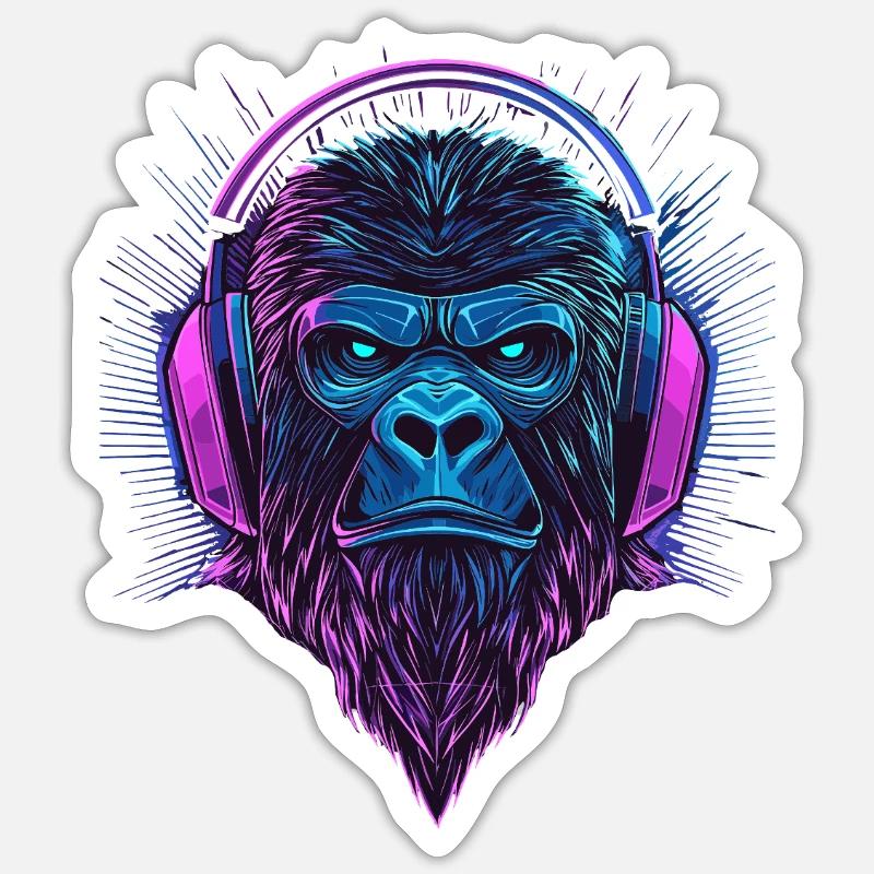 Gorilla mit Kopfhörern – Polygon Affe mit Bart Sticker Größe S (10 x 10 cm)