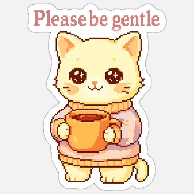 Bitte sei sanft – Pixel Katze mit Tee & Kuschelpul Sticker Größe S (10 x 10 cm)