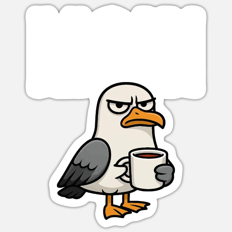 MOIN – Grummeliges Möwe mit Kaffee | Morgenmuffel - Sticker Größe S (10 x 10 cm) - Mattweiß