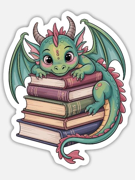 Bücherwurm-Drache – Süße Fantasy - Sticker Größe S (10 x 10 cm) - Mattweiß