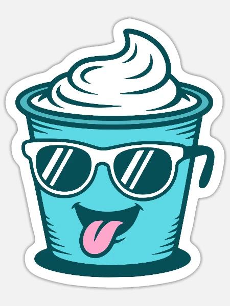Crème Joghurt Sahne Eis - Becher mit Sonnenbrille - Sticker Größe S (10 x 10 cm) - Mattweiß