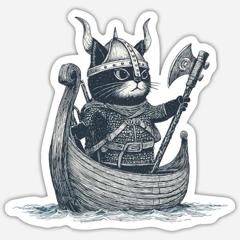 Wikinger Katze - Sticker Größe S (10 x 10 cm) - Mattweiß