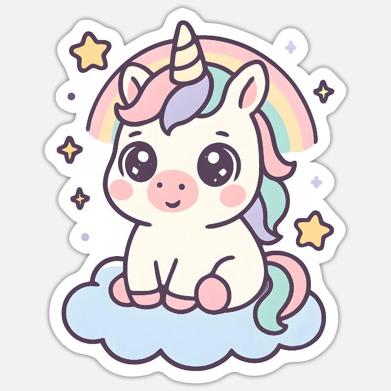 Kawaii Einhorn auf Wolke mit Regenbogen Sterne Sticker Größe S (10 x 10 cm)