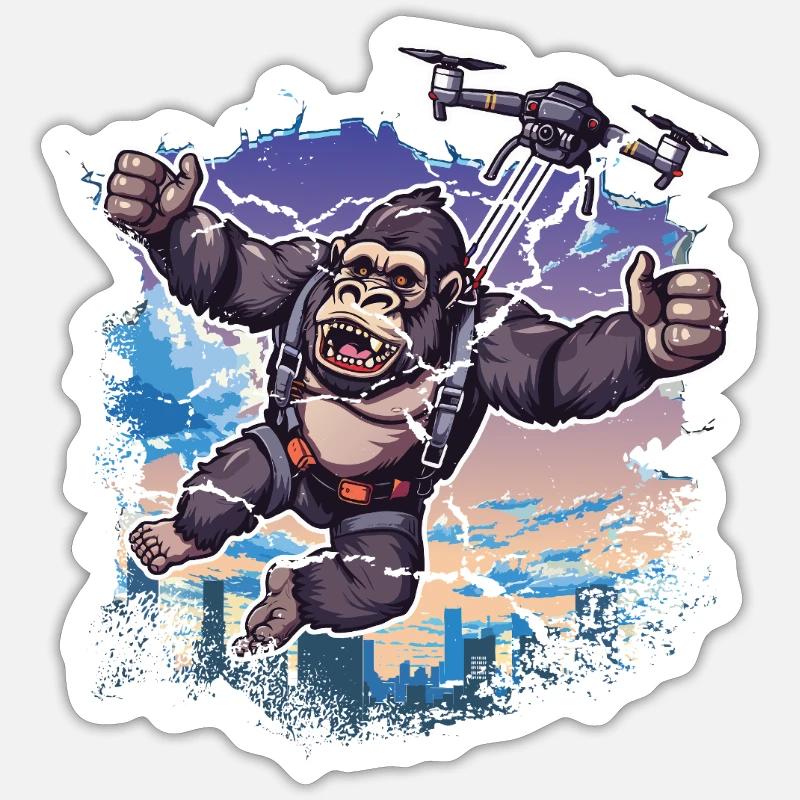 Gorille Drone Enfants Drôle - Sticker taille S (10 x 10 cm) - blanc mat