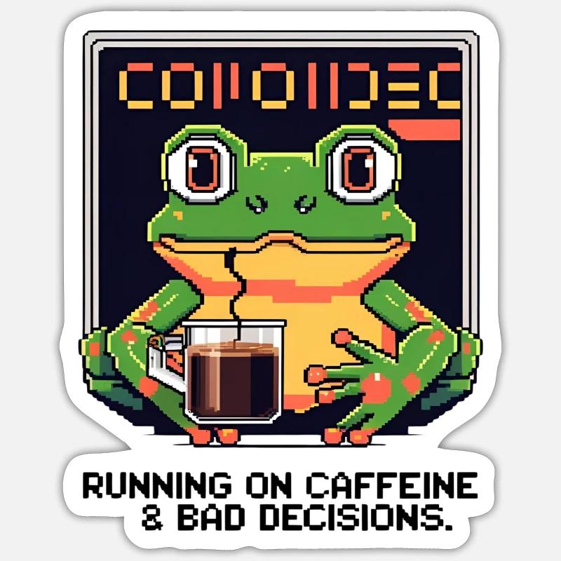 Pixel Frog – Caffeine & Bad Decisions - Sticker Größe S (10 x 10 cm) - Mattweiß