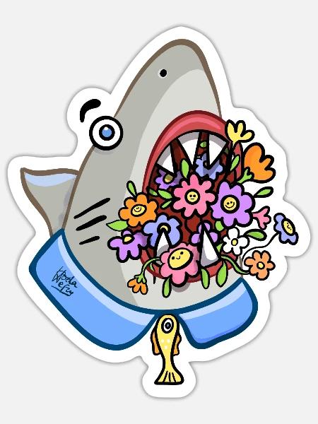 Hai mit Blumenstrauß im Rachen - Sticker Größe S (10 x 10 cm) - Mattweiß
