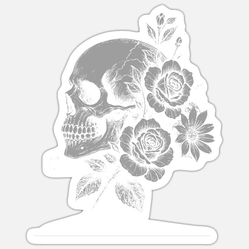 Gothic Blumenschädel mit Rosen - Sticker Größe S (10 x 10 cm) - Mattweiß