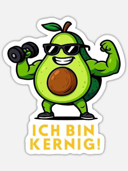 Kernige Avocado Muskelheld Fitness Illustration - Sticker Größe S (10 x 10 cm) - Mattweiß