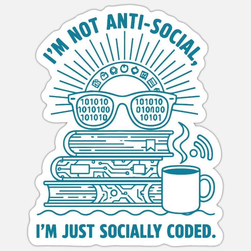 Socialement codé : livres, café et code - Sticker taille S (10 x 10 cm) - blanc mat