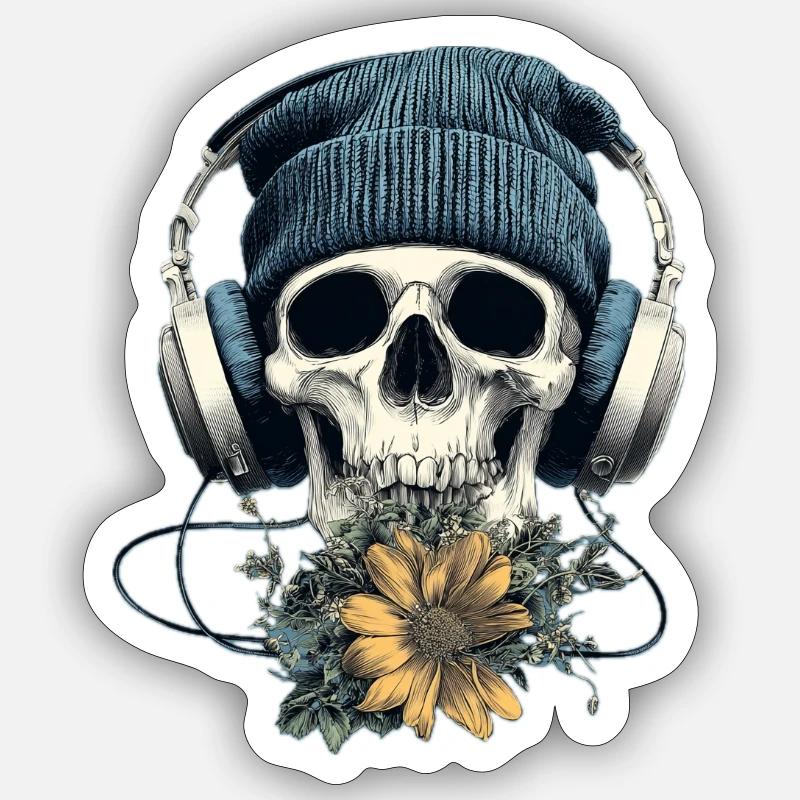 Crâne avec casque et fleurs Sticker taille S (10 x 10 cm)
