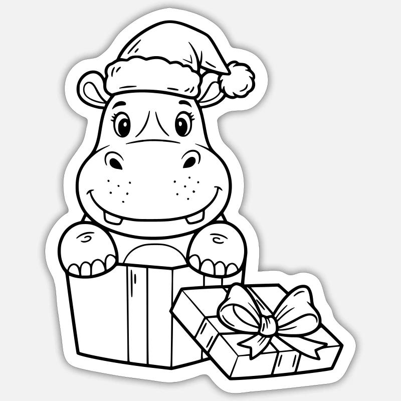 Hippopotame de Noël avec cadeaux - Sticker taille S (10 x 10 cm) - blanc mat