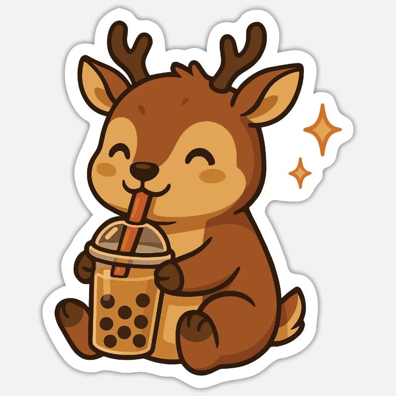 Hirsch mit Bubble Tea kawaii Hirsch - Sticker Größe S (10 x 10 cm) - Mattweiß