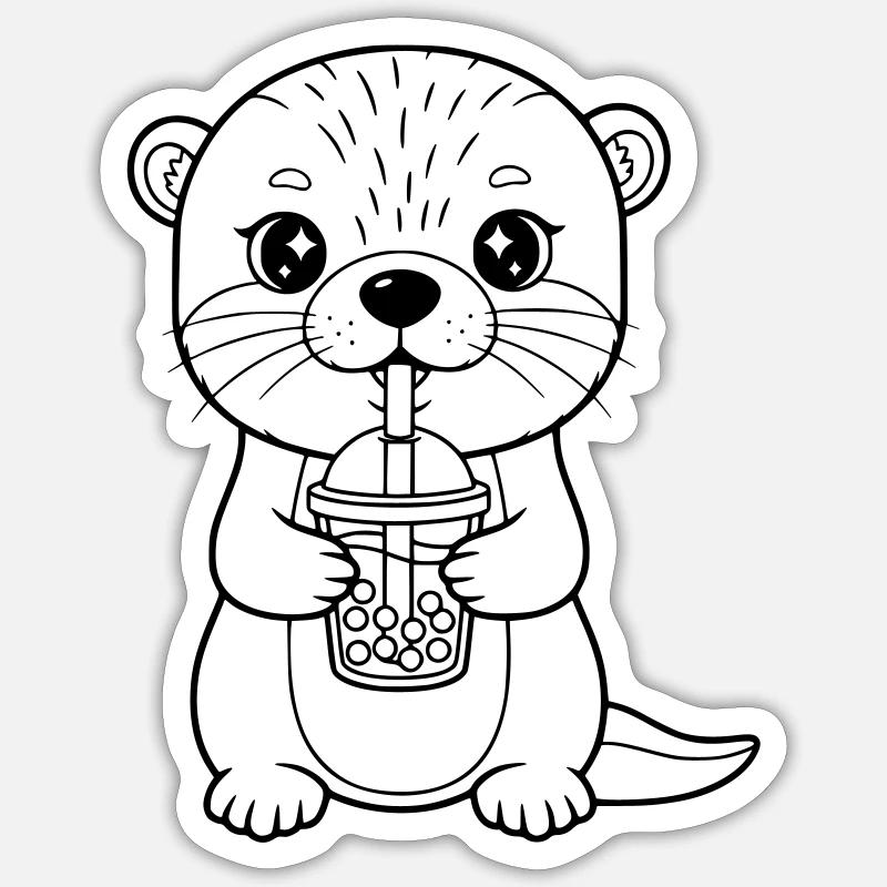 Otter mit Becher - Sticker Größe S (10 x 10 cm) - Mattweiß