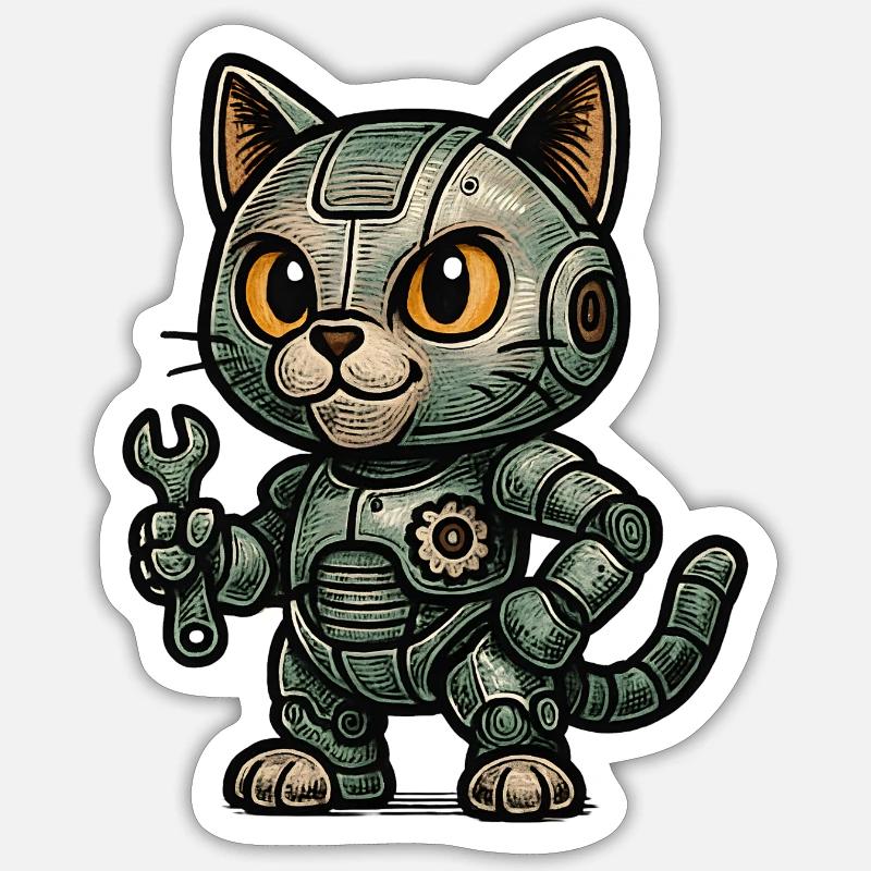 Retro RoboCat with Tools Sticker size S (10 x 10 cm)