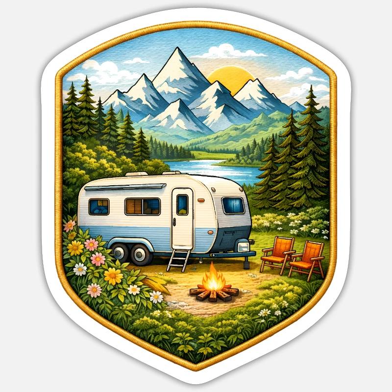 Camping Patch mit Wohnwagen   Sticker Größe S (10 x 10 cm)
