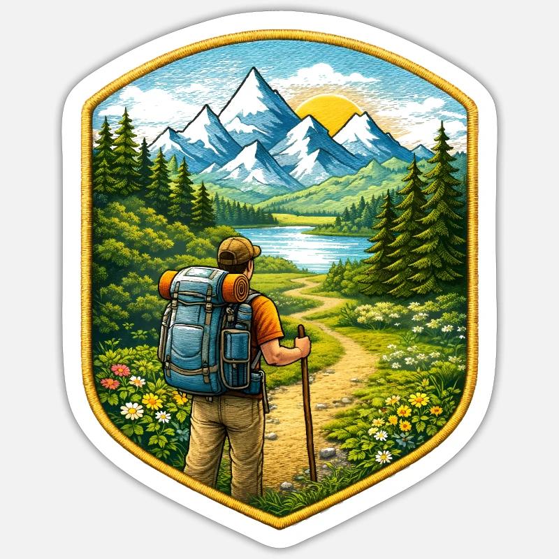 Hiker patch with mountain landscape - Sticker size S (10 x 10 cm) - white matte