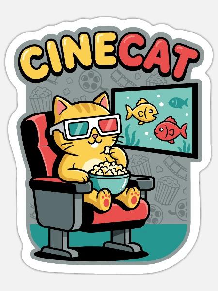 CineKat Kino-Katze Popcorn - Sticker Größe S (10 x 10 cm) - Mattweiß