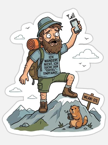 Wandern Empfang Gipfel Humor - Sticker Größe S (10 x 10 cm) - Mattweiß