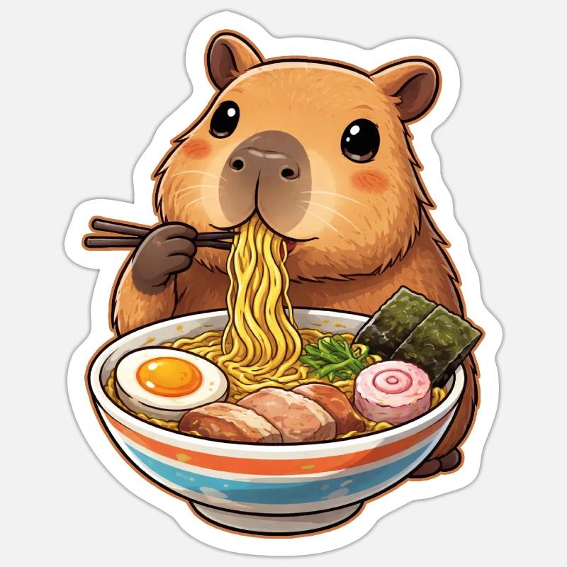 Capybara mange des nouilles ramen - Sticker taille S (10 x 10 cm) - blanc mat