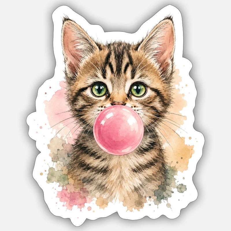 Cat with pink bubble - Sticker size S (10 x 10 cm) - white matte