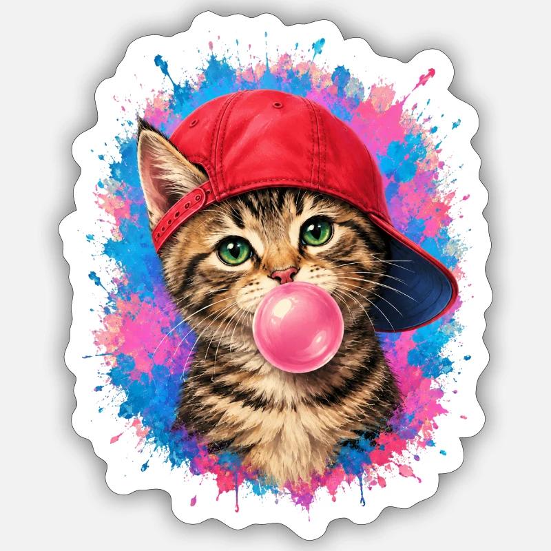Coole Katze mit Cap und Kaugummi - Sticker Größe S (10 x 10 cm) - Mattweiß
