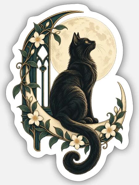 Mondbeschienener Katzen-Blumenbogen - Sticker Größe S (10 x 10 cm) - Mattweiß