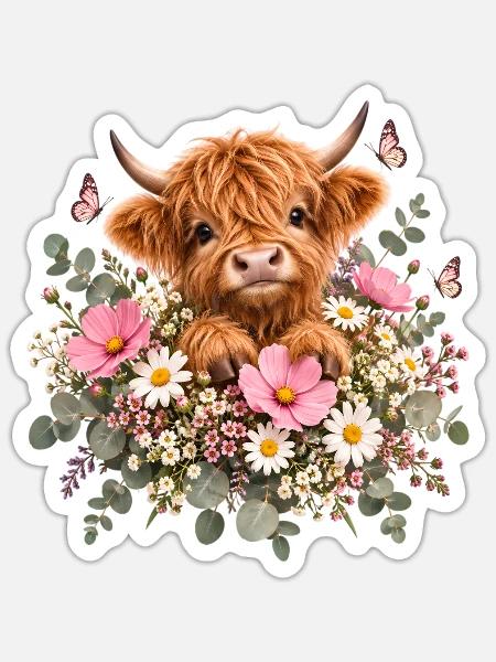 Highland Cow, Schottisches Rind, Hochland Rind - Sticker Größe S (10 x 10 cm) - Mattweiß