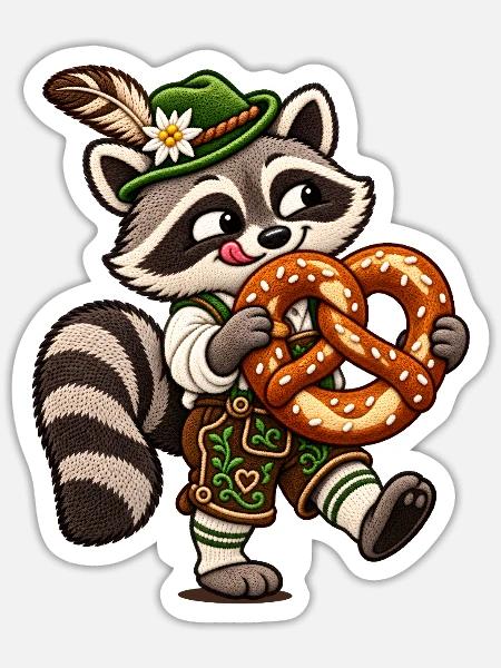 Waschbär mit Brezel  - Sticker Größe S (10 x 10 cm) - Mattweiß