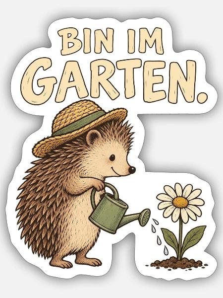 Bin im Garten – Igel mit Gießkanne - Sticker Größe S (10 x 10 cm) - Mattweiß