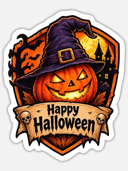Halloween Kürbis mit Hexenhut - Sticker Größe S (10 x 10 cm) - Mattweiß