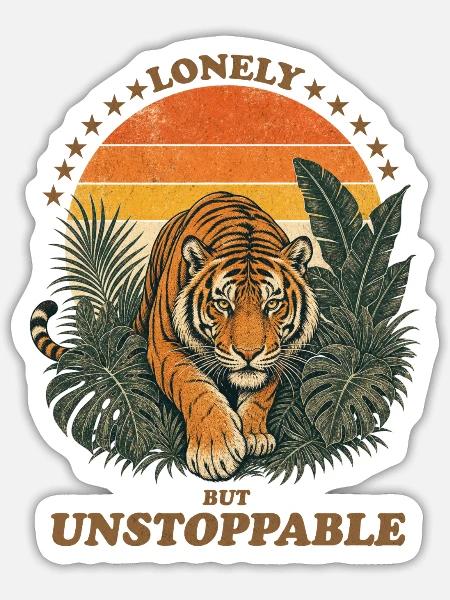 Lonely But Unstoppable - Retro Tiger - Sticker Größe S (10 x 10 cm) - Mattweiß