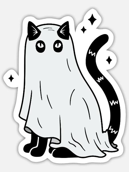 Halloween Katze Gespenst - Mit Sternen - Sticker Größe S (10 x 10 cm) - Mattweiß