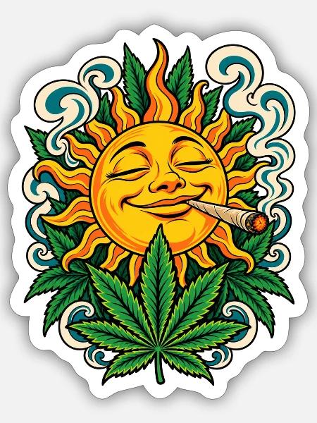 Sonne, Hanfblatt und Jointrauch - Sticker Größe S (10 x 10 cm) - Mattweiß