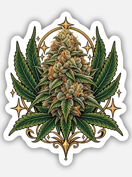 Goldene Krone Hanfblüte - Sticker Größe S (10 x 10 cm) - Mattweiß