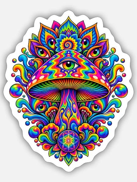 Psychedelischer Augenpilz Mandala - Sticker Größe S (10 x 10 cm) - Mattweiß