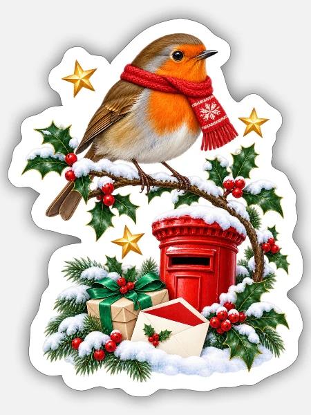 Weihnachts-Robin und roter Briefkasten - Sticker Größe S (10 x 10 cm) - Mattweiß