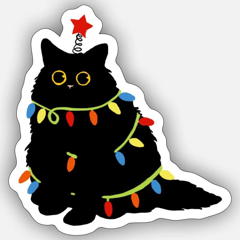 Weihnachtskatze mit Lichterketten - Sticker Größe S (10 x 10 cm) - Mattweiß