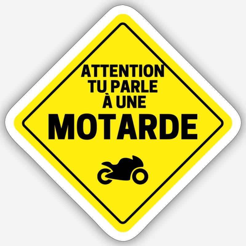 Attention motarde panneau de signalisation - Sticker taille S (10 x 10 cm) - blanc mat