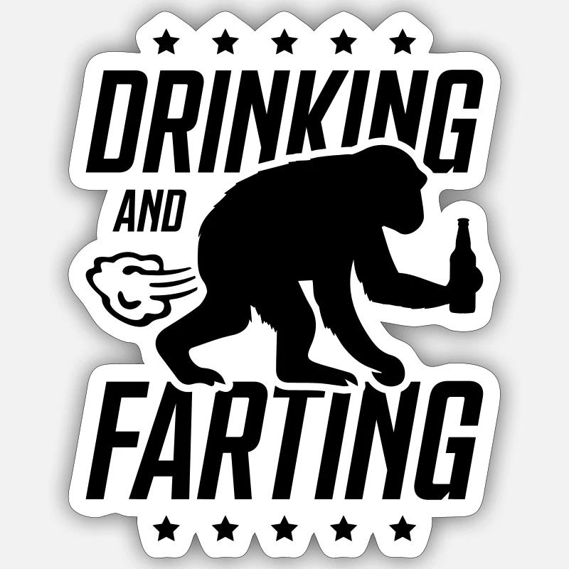 drinking farting monkey - Sticker taille S (10 x 10 cm) - blanc mat